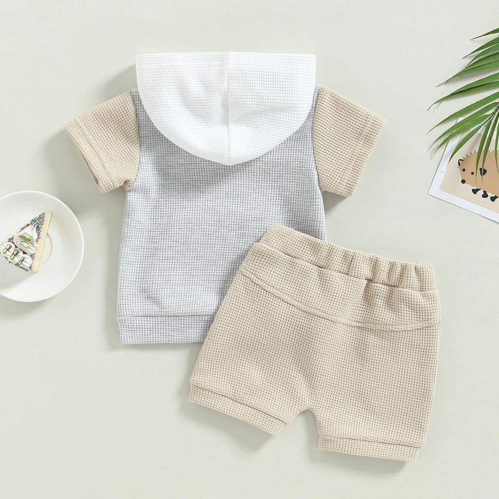 Infant Toddler Baby Boys Summer Outfits Waffle Hoodie Short Sleeve Shirt Top and Shorts Set 2Pcs Tracksuit Clothes