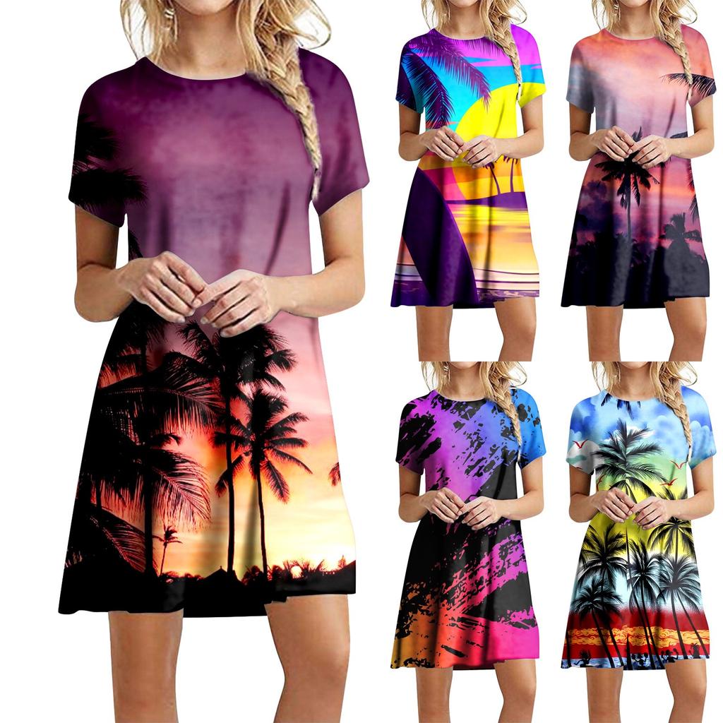 Summer Beach Dresses For Women Round Neck Printed Short Sleeve Dress