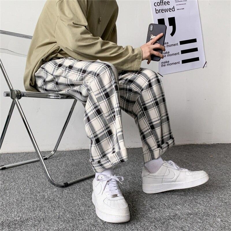 Harajuku Straight Leg Loose Plaid Pants for Man Oversize  Checked Jogger Pants Korean Streetwear Autumn Men Casual Sweatpant