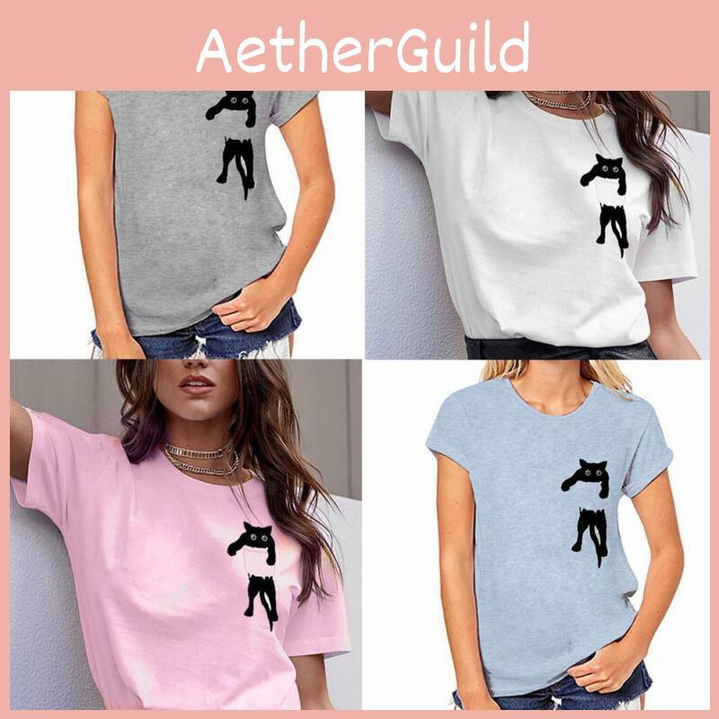 Stylish Women Solid Simple Cat T-shirt Loose Short Sleeve Casual Top Pullover