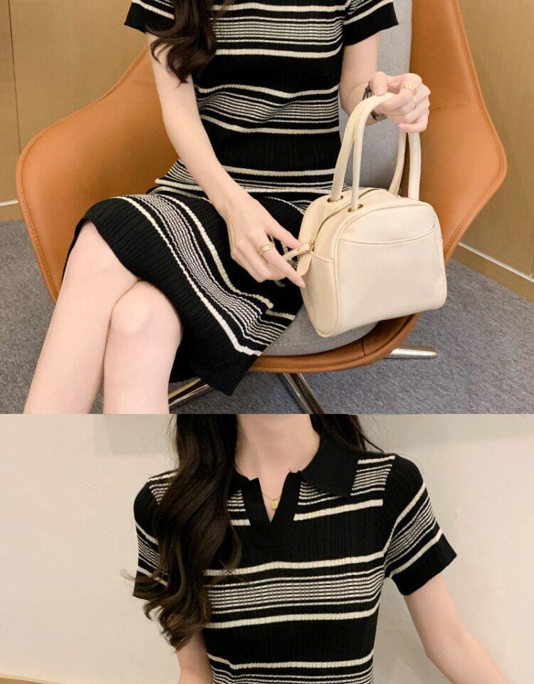 Elegant French Style Striped Polo Collar Knit Dress for Petite Women (2026)