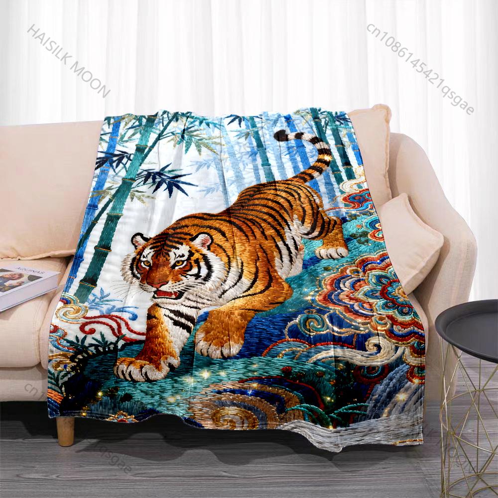 Embroidered Pattern with Tiger and Bamboo Blanket Suitable for Home Bedroom Sofa Travel Camping Blanket Various Sizes for Gifts