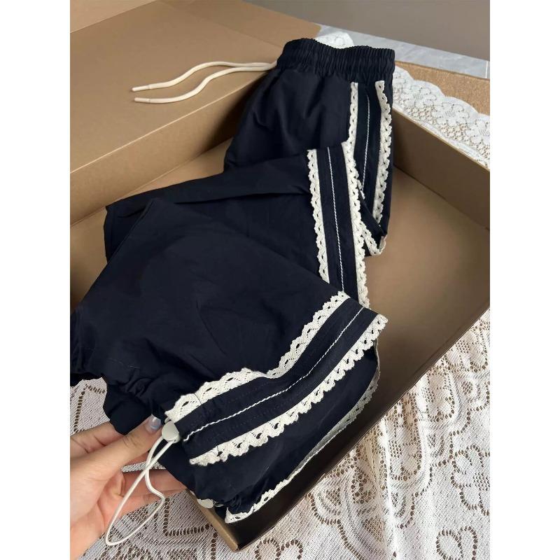 

American Vintage Trendy Lace Trimmed Casual Sports Wide Leg Pants for Women Summer Thin Pants 3XL чорний