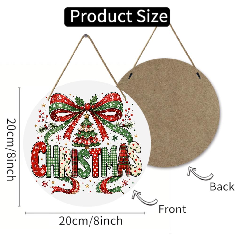 Festive plaid Christmas tree printed round wooden hanging plaque natural wood sign wall door decor indoor home holiday party ornament decoration