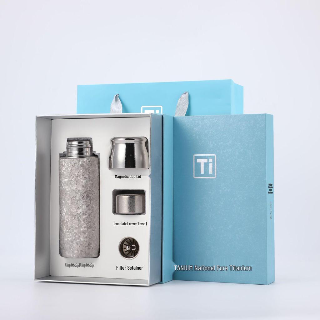 Pure Titanium Insulated Cup with Magnetic Lid - Antibacterial Tea & Water Separation, Direct Lift, Gift Box Packaging for Business or Health Use.