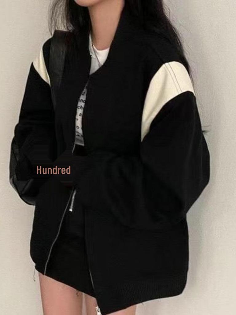 Women's Colorblock Baseball Cardigan: Retro Loose Sweatshirt Jacket, Fleece-Lined for Early Spring/Autumn, 2025 Collection