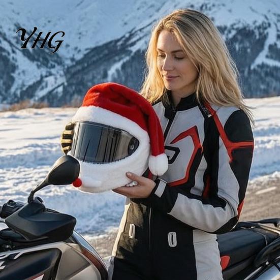Motorcycle Helmet Decor Christmas Santa Cover, Plush Claus Hat Cycling Decoration for Decoration, Xmas Holiday Accessories Men