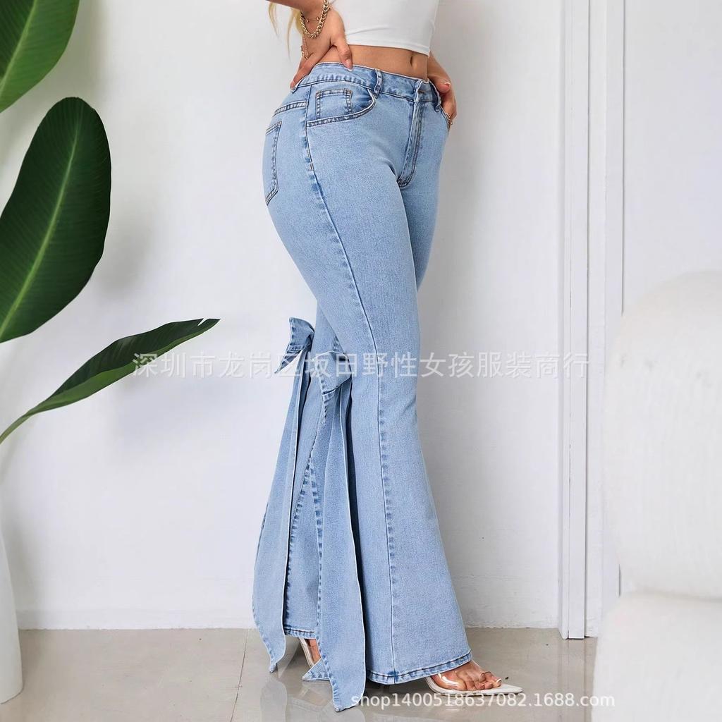 Jeans a zampa da donna Vintage a vita alta a campana in denim con dettaglio fiocco laterale