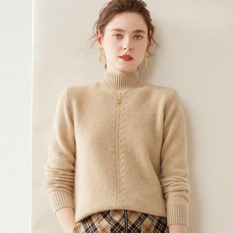 Women's High Neck Cashmere Sweater - Thick Knit Solid Color Jacquard Pullover for Autumn and Winter