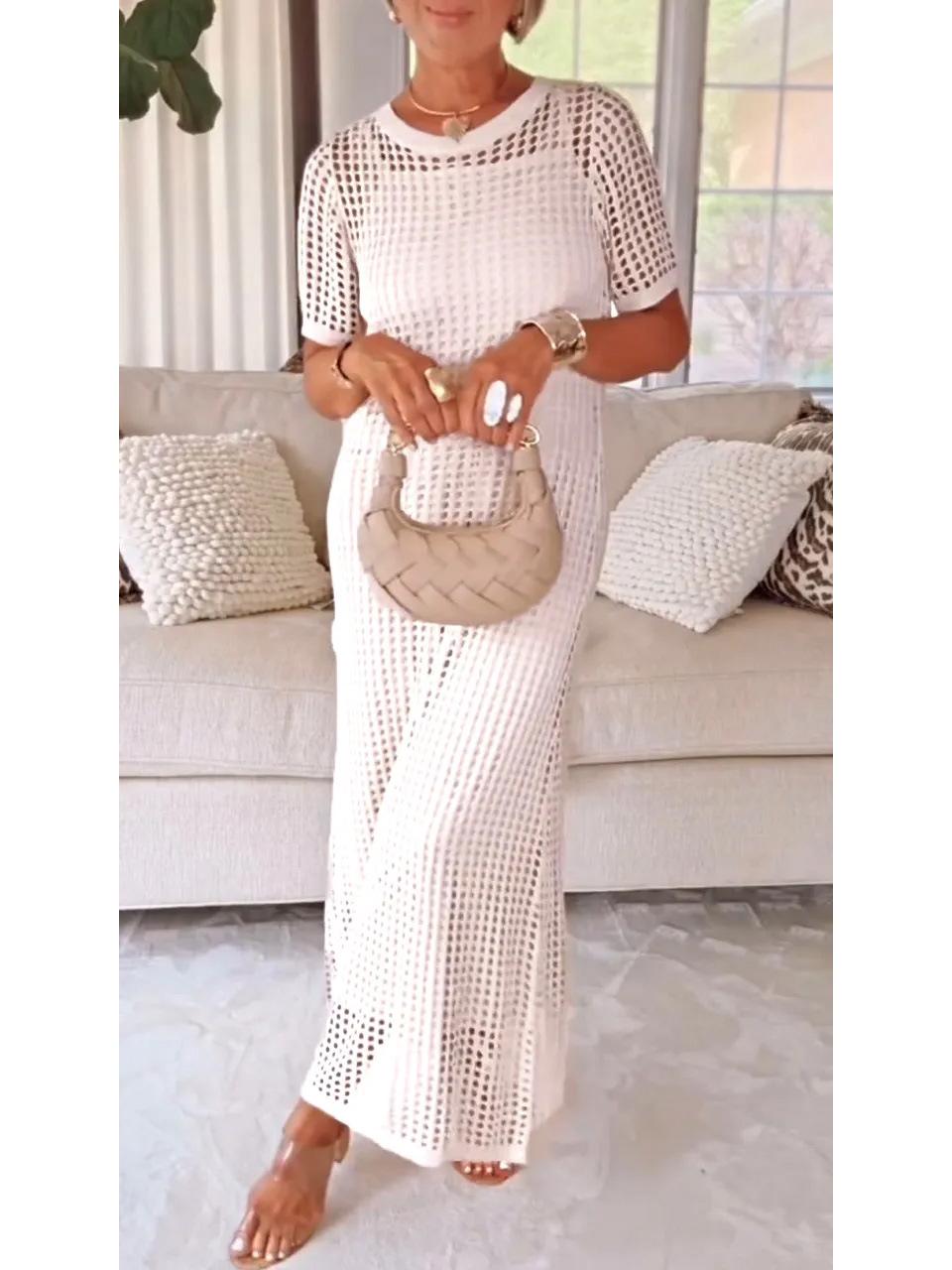 

2025 Women s European & American Round Neck Hollow-Out 5-Minute Sleeve 2-Piece Dress Set S