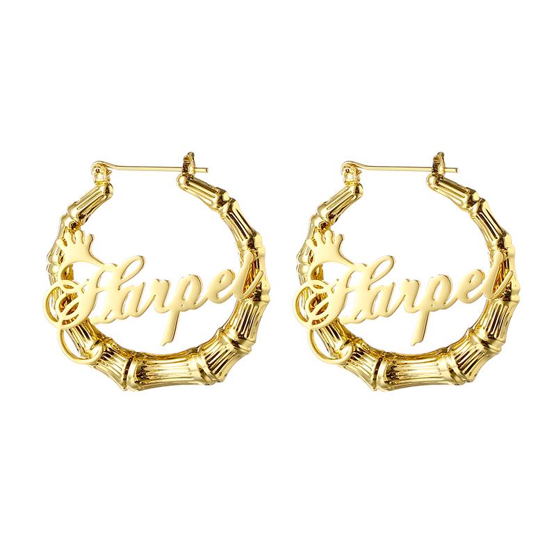 Fashion Earring Jeweley Stainless Steel 18K Gold Plated Bamboo Custom Letter Name Big Large Hoop Earrings for Women