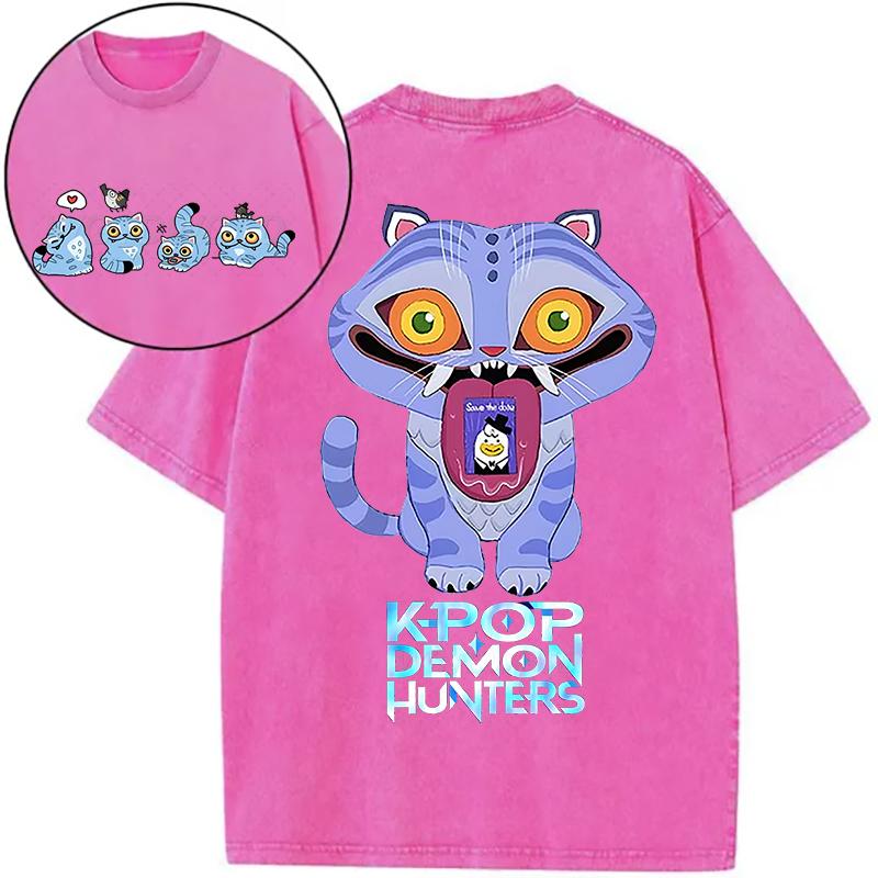 Women Derpy Tiger Hot Movie Print Shirts for Women Cartoon Anime Washed Cotton Tee K-Pop Demon Hunters Tiger T-shirt Tops