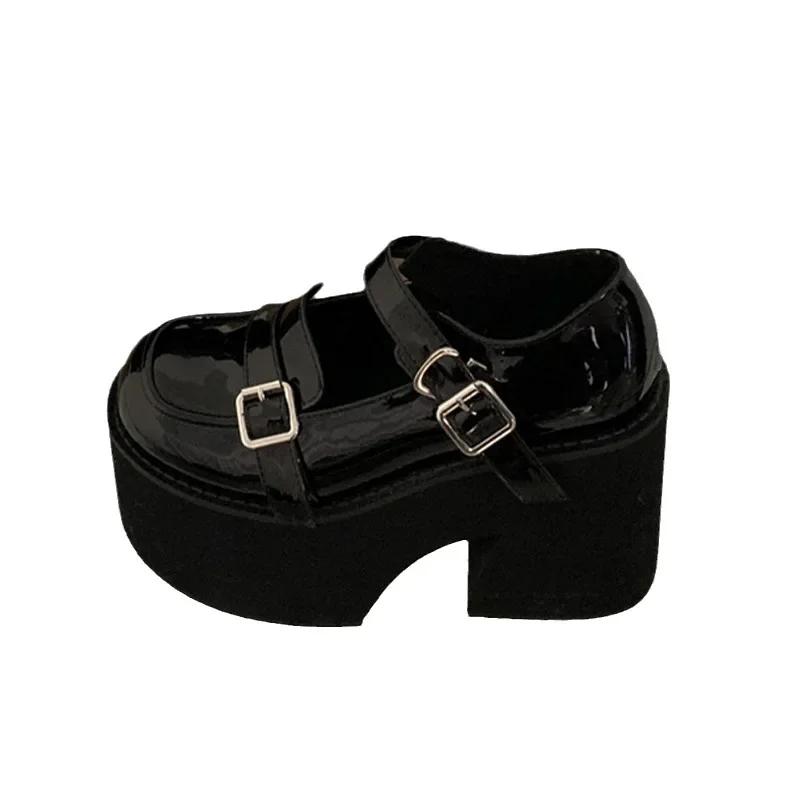 

Модные женские туфли-лодочки на платформе Мэри Джейн Туфли 11 см на очень высоком толстом каблуке 2024 года Осенние туфли из лакированной кожи с пряжкой на ремне Готическая Лолита 35 чёрный