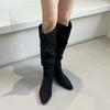 Fashion Fashion Flock Pleated Women Knee High Boots Low Heel Shoes Pointed Toe Modern Ladies Long Boots Female Pumps Shoes