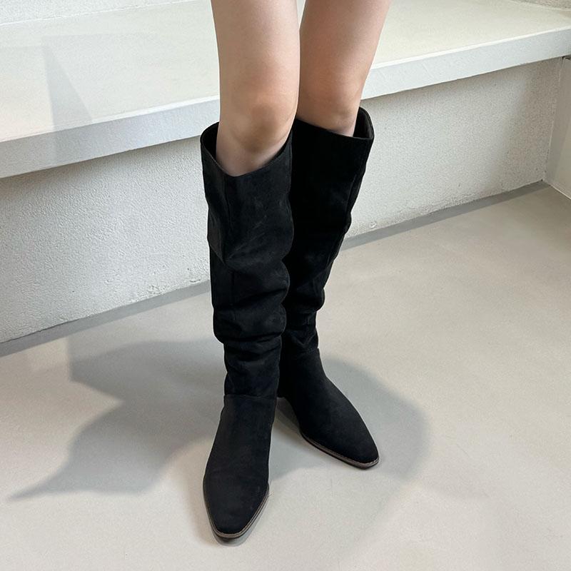 Fashion Fashion Flock Pleated Women Knee High Boots Low Heel Shoes Pointed Toe Modern Ladies Long Boots Female Pumps Shoes