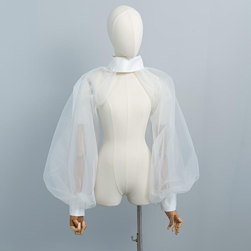 Stand Collar Sheer Organza Puff Bolero Cape Detachable Lantern Sleeve Shrug For Wedding Gown Cosplay Photoshoot
