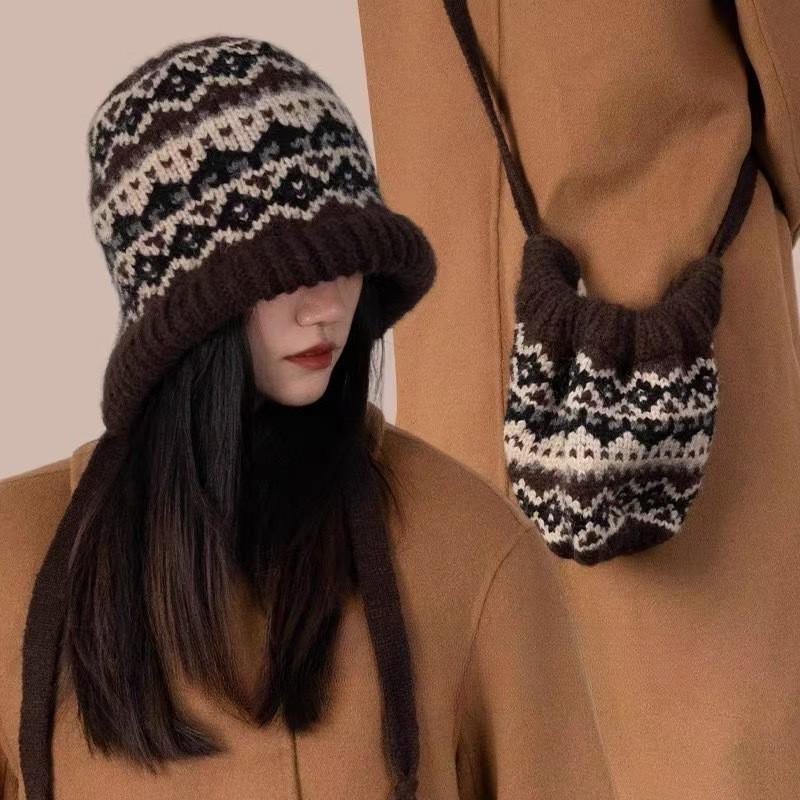 Fel Island Style Knitted Hat, Women, Winter, Balaclava Hat, Bag Dual-use, Warm, Plush Pile Yarn Hat