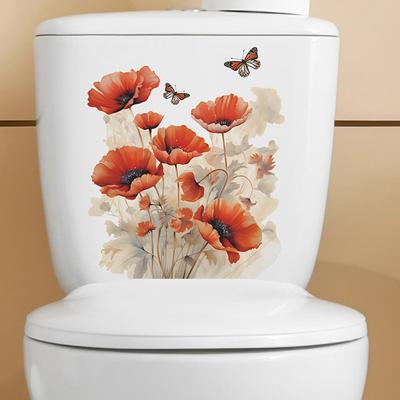 Autocolant pentru toaletă, cu flori roșii, fluturi, detașabil, autoadeziv, rezistent la apă, din PVC, sufragerie, baie, perete, artă florală, capac de toaletă, autocolant decorativ