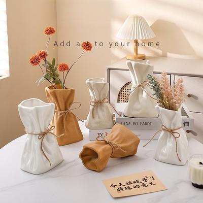 Creative Ceramic Hydroponic Wrinkled Money Bag Vase for Fake Flower Arrangement Living Room Decor