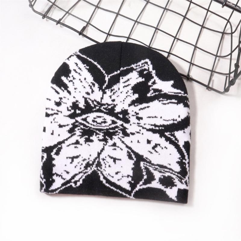 Unisex Jacquard Eye Flower Pattern Knitted Beanies Hat Fashionable Winter Warm Hiphop Bonnet Skull Hat for Men and Women