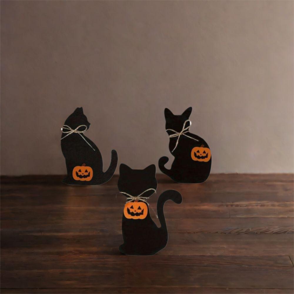 3pcs Vivid Halloween Black Cat Ornament Wooden Animal Statue Funny Cat Sculpture  Cabinet