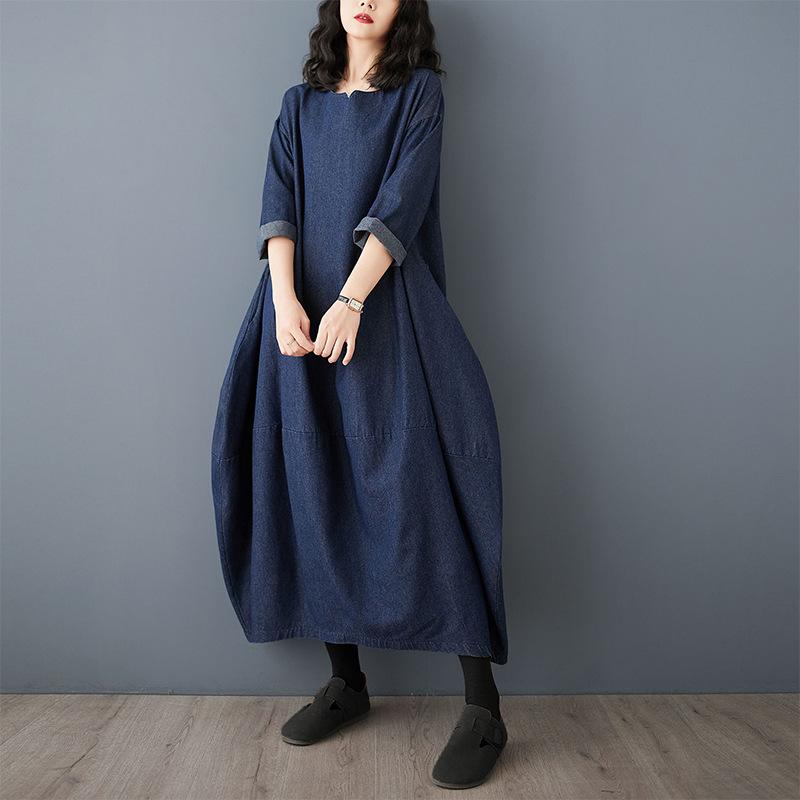 Vintage Long Sleeved Denim Dress 2026 New Plus-size Loose Blue Long Dresses for Women Autumn O Neck Casual Dress