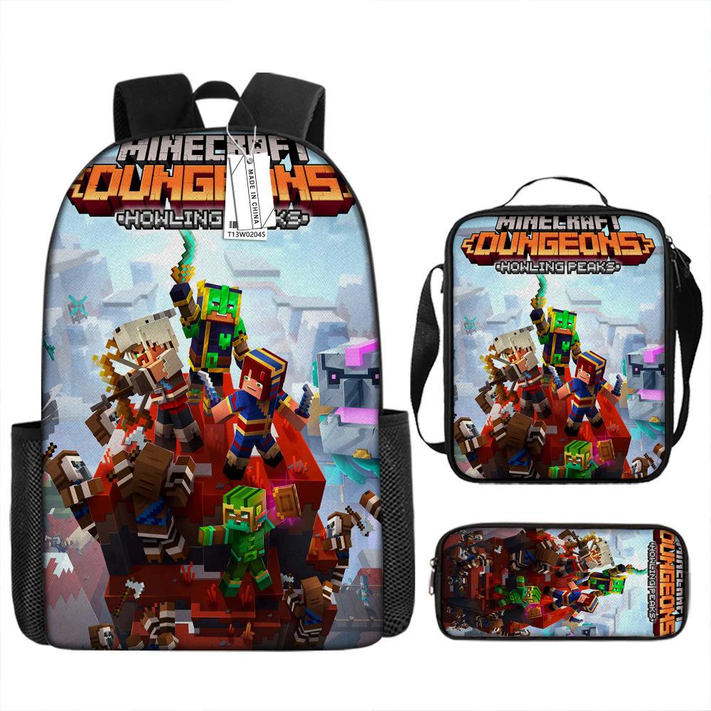 Minecraft Cartoon Print Backpack Set 3-Piece Student School Bag Water-Resistant Large Capacity Unisex