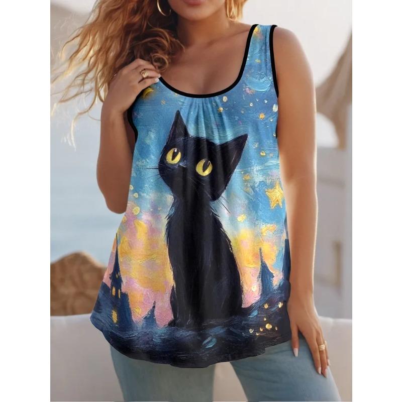 Cute Cat Prints Women's Sleeveless Vest Creative Colorful Leisure Loose Fashionable Comfortable Versatile Summer Vest
