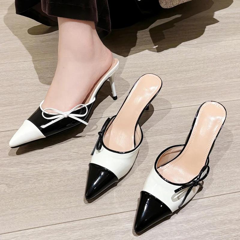 Fashion Eilyken Spring Butterfly-knot Pointed Toe Mule Women Slippers Fashion Elegant Thin Heels Party Dress Ladies Shoes