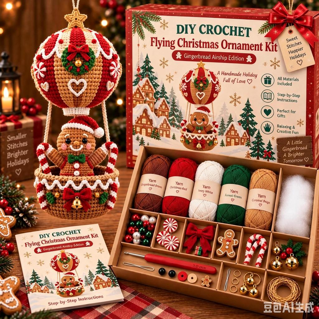 Flying Christmas DIY Crochet Kit, Handmade Xmas Ornament Knitting Set for Starter, Craft Yarn & Hook Kit, Christmas Gift