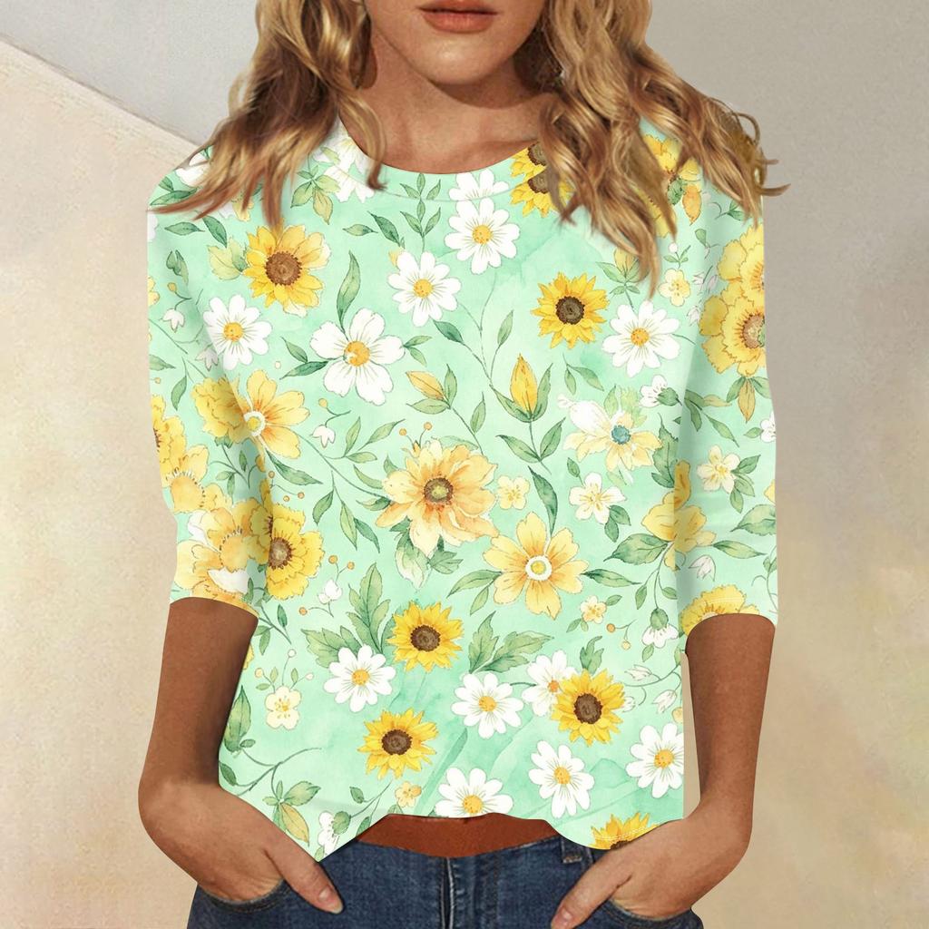 Dames Casual Top met Bloemendruk Ronde Hals Driekwartmouw Blouse Lichtgewicht Comfortabele Stof Geschikt voor Dagelijks Gebruik