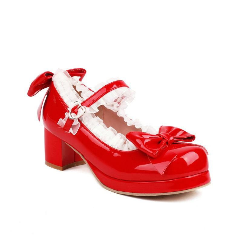 Girls High Heels Woman Heel Lolita Shoes Patent Leather Bow Mary Jane Pumps Women Wedding Cosplay Party Shoe Red Pink Black30-43