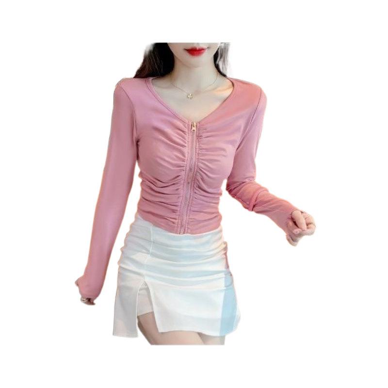 2025 Spring/Fall Fashion Women's Zipper Collar Pleated Long Sleeve Slim Fit Top
