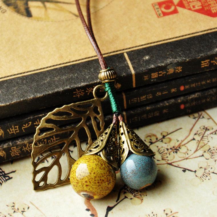 Halskette aus Keramik im antiken Stil, Damenperlen, Keramik-Pulloverkette, Accessoires im ethnischen Stil