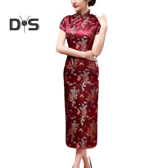 Women Dress Chinese National Style Floral Embroidery Stand Collar Short Sleeves High Side Split Chinese Knot Buttons Cheongsam Satin Silky Slim Fit