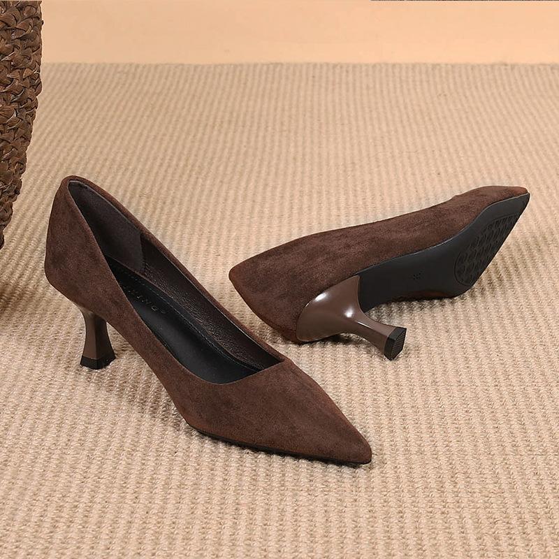 

Модные элегантные женские туфли-лодочки из флока с острым носком, лаконичные, на высоком каблуке, офисная обувь, тонкий каблук, tacones de mujer, с мелким вырезом, женская обувь 2025 38 кофейный