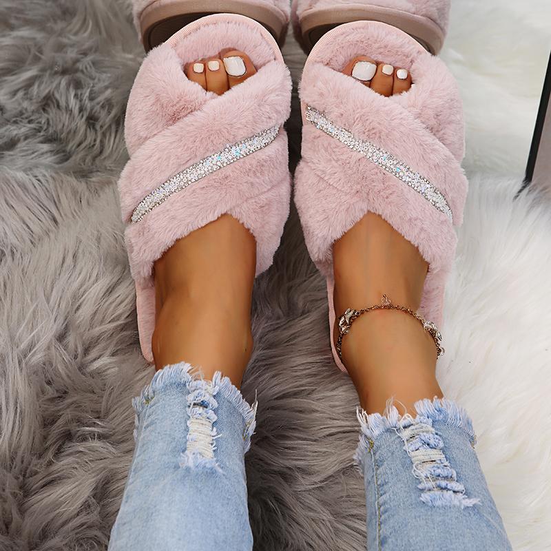 Fashion 2025  Shiny Crystal Decor Indoor Slippers Women Winter Warm Thicken Plush Cotton Slippers Woman Comfort Light Non Slip Slides
