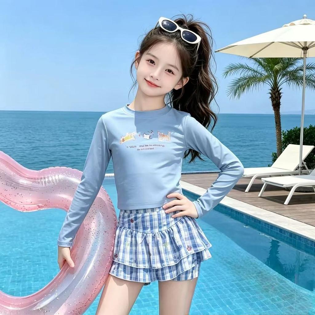 Girls Summer Long Sleeve Sun Protection Two Piece Swimsuit Trendy Middle Big Kids Swimwear Set