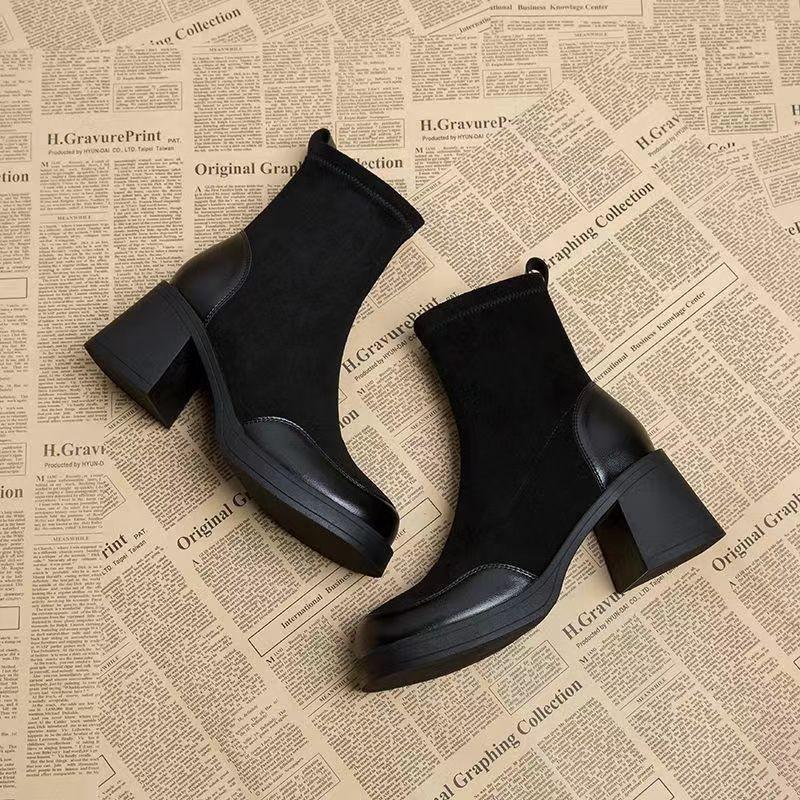 Fashion High Heels Women's Boots Block Heel Booties 2025 New Fall Winter Plus Fleece Platform Stretch