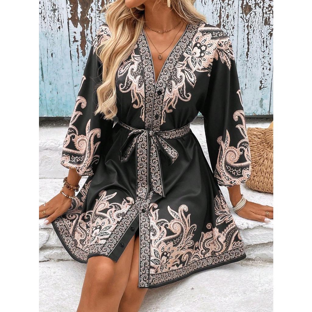 Mesdames, Robe Imprimée, Col en V, Manches Courtes, Taille Lacée, Robe