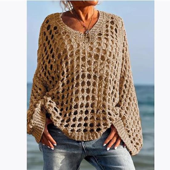 Loose Casual Versatile Cut-out Long Sleeve Women's Oversized Knitted Sweater Sun Shirt