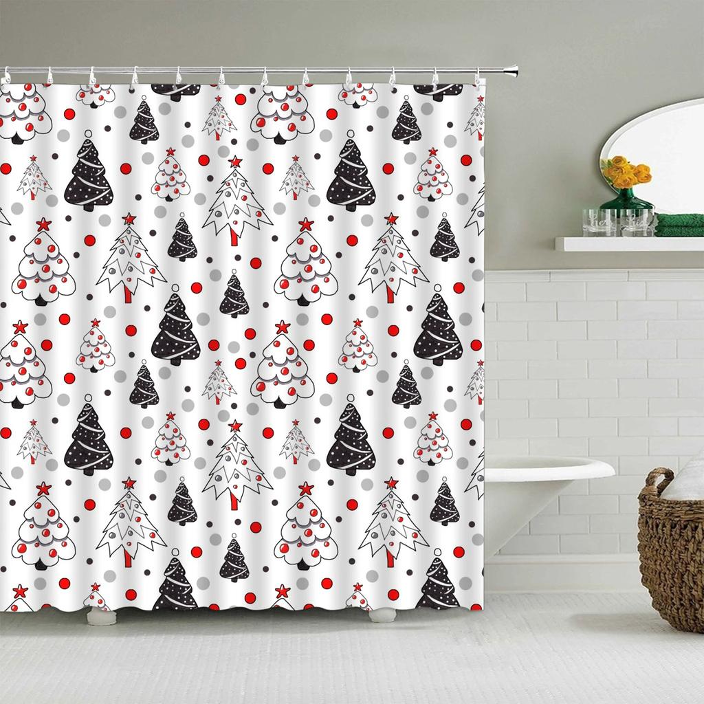 Unframed Christmas Shower Curtain Winter Snowman Snowflake Christmas Tree Red Truck Bell Red Bird Colorful Christmas Ball Bathro