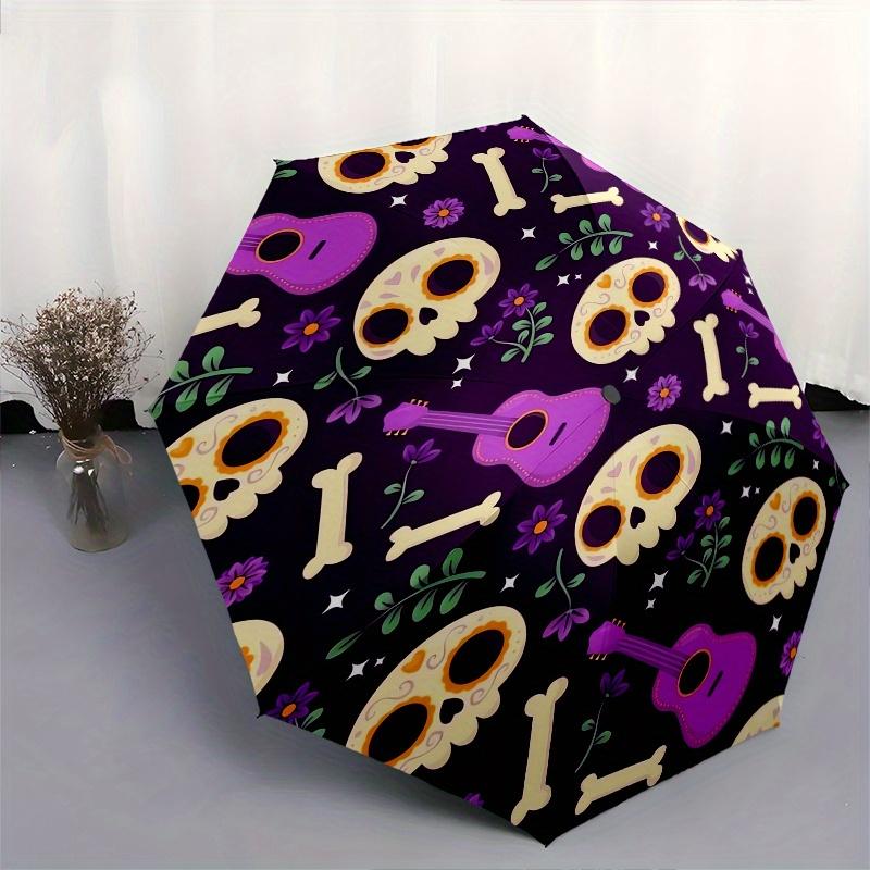 1pc Skulls,Guitars Automatic Folding Umbrella: Compact 8 Bone Design Cartoon Outdoor Travel Companion, Business Umbrella, Christmas Valentin