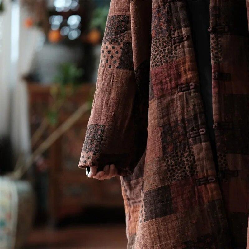 Johnature Dámské Vintage zimní parky s výstřihem do V bavlněné kabáty s dlouhým rukávem v čínském stylu dámské dlouhé parky