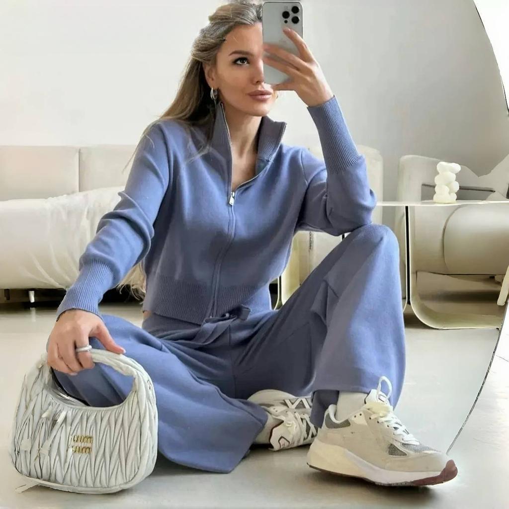 Fall New Fashion Long Sleeve Zipper Sweater Cardigan Long Pants Athletic Two Piece Casual Cardigan Set Women
