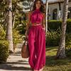 Sleeveless Crop Top Women Women's 2 Piece Outfits, High Neck Halter And Comfortable Summer Pants Wide Leg Matching Set, Beach Vacation Outfits