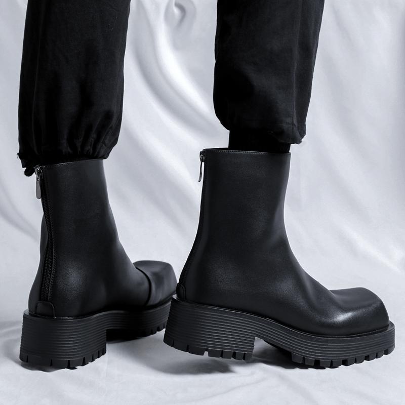 Fashion Men's Thick Soled High Top Leather Shoes Fashionable Minimalist Design Style Outdoor Leisure Business Party Trendy Men's Boots