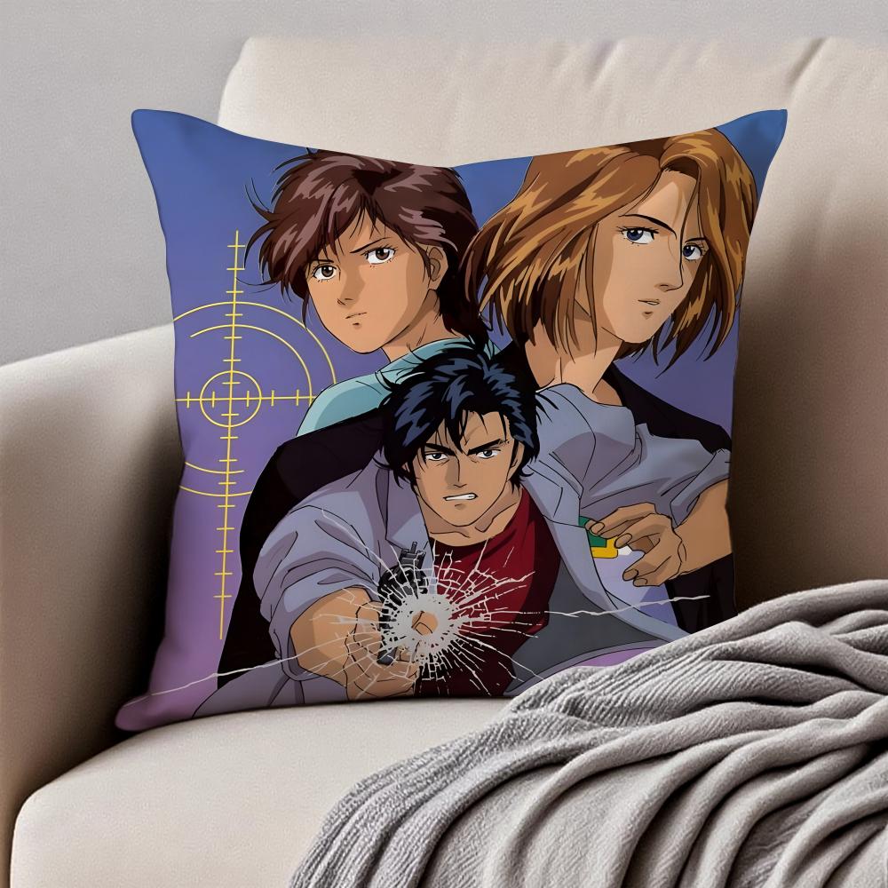Japanese Manga CCity Hunter Cushion Cover Pillowcase Antidustmite Invisible Zipper Short Plush Sofa Cushion