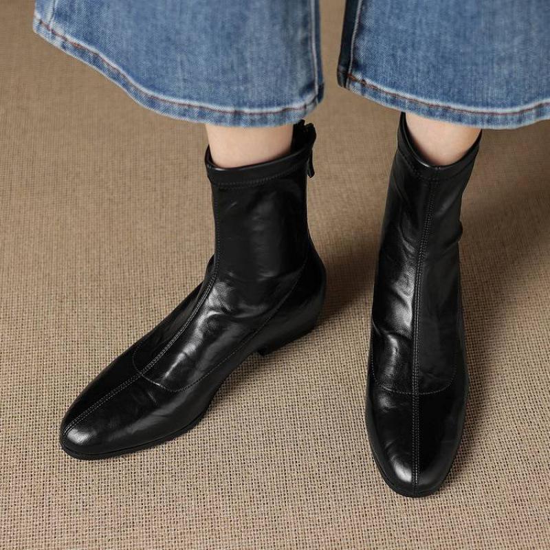 Autumn and winter solid color leather medium boots rear zipper middle heel square head beef tendon soft sole new women's large size fashion boots