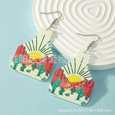 Western Cowboy Style Resin Earrings Cactus Horse Sunflower Print Stud Earrings